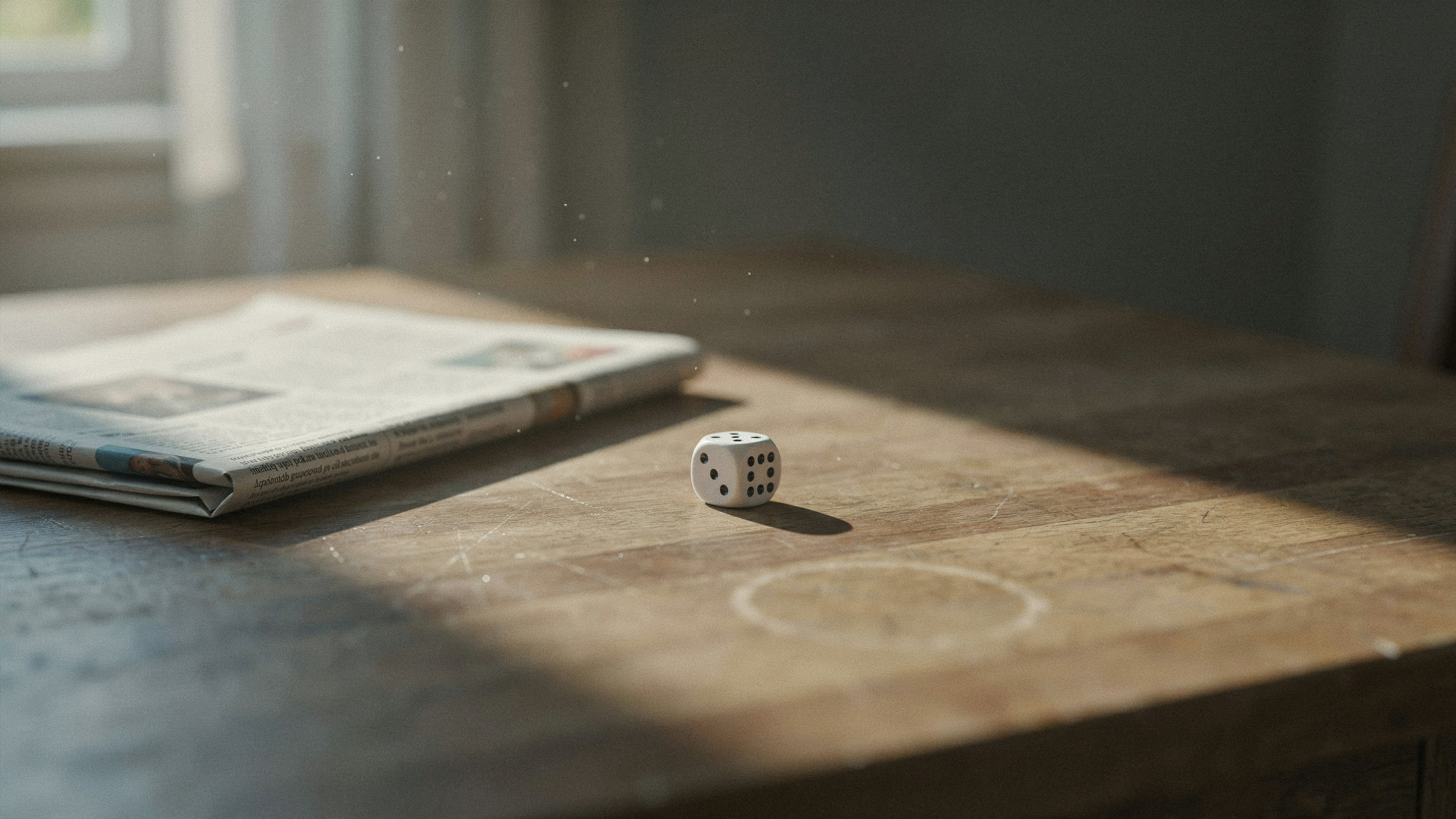 A single die beside a folded newspaper on a wooden table, illustrating the role of luck in success