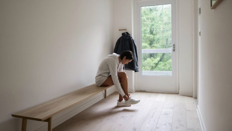 How to be consistent: a woman lacing her running shoes by the door on a rainy morning