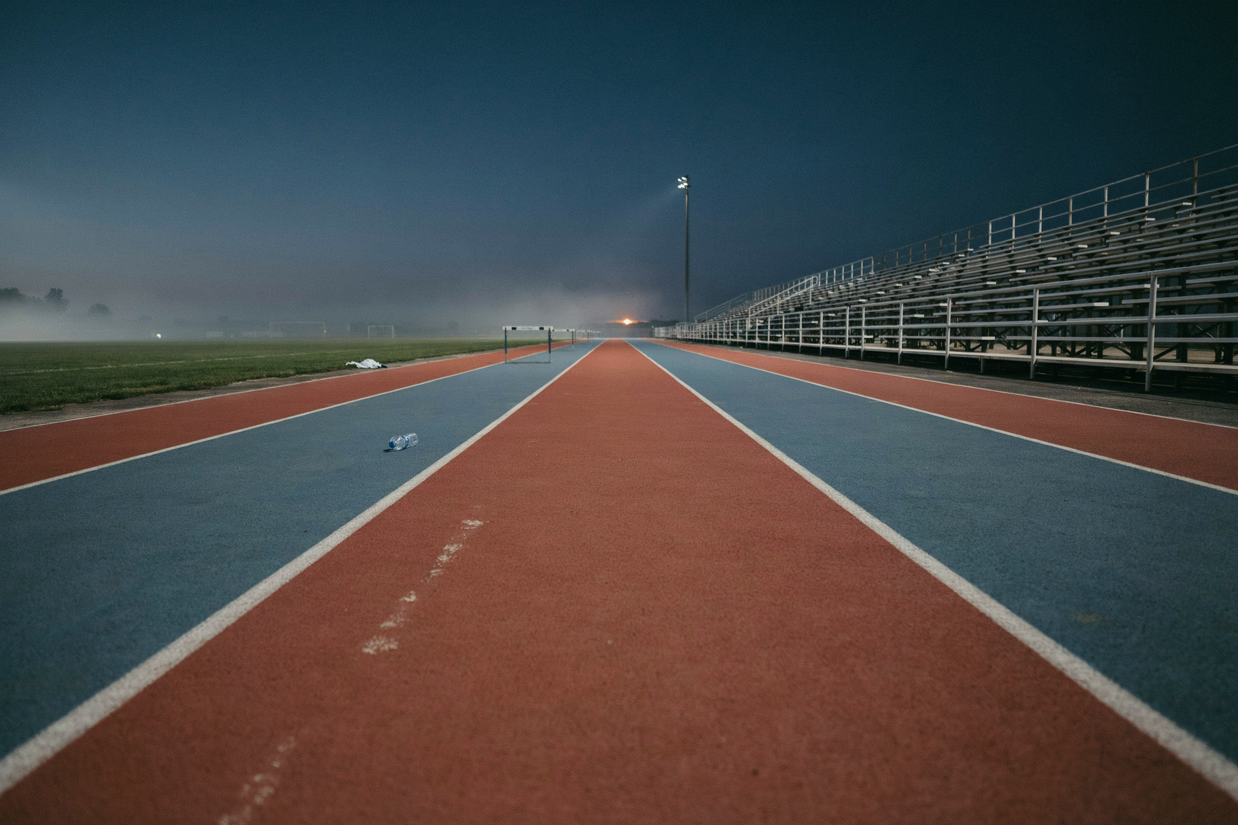 An empty running track at dusk, the endurance a 10x plan quietly spends