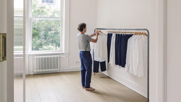 Decision fatigue: a man choosing from a rail of identical white shirts