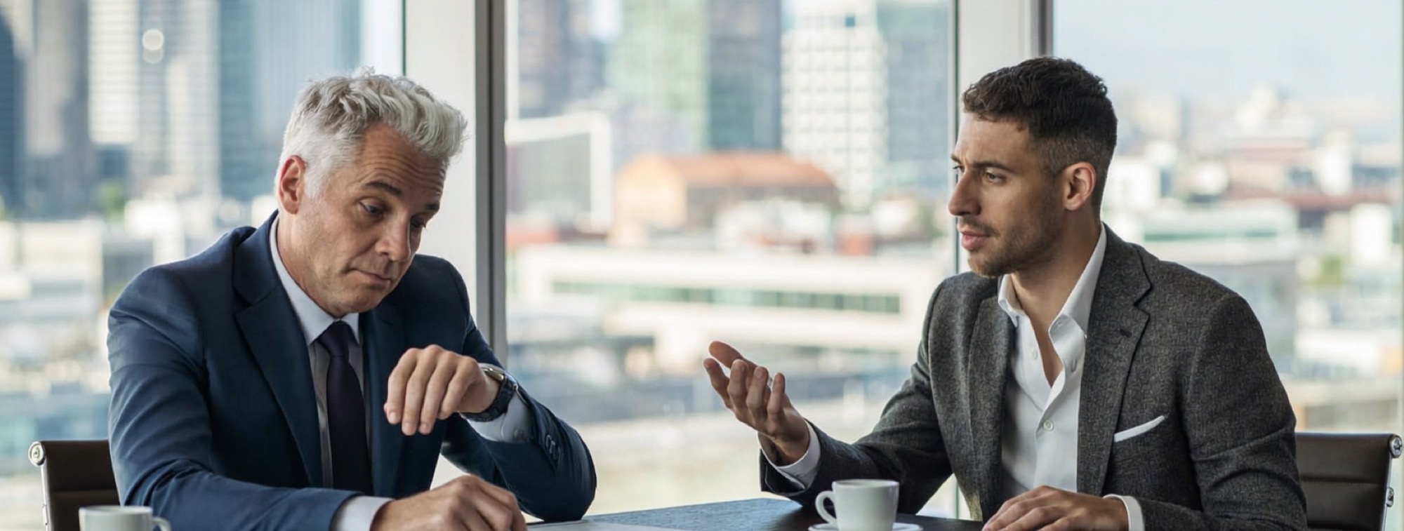 Does AI save time? A senior executive checks his wristwatch while a younger colleague talks across a boardroom table
