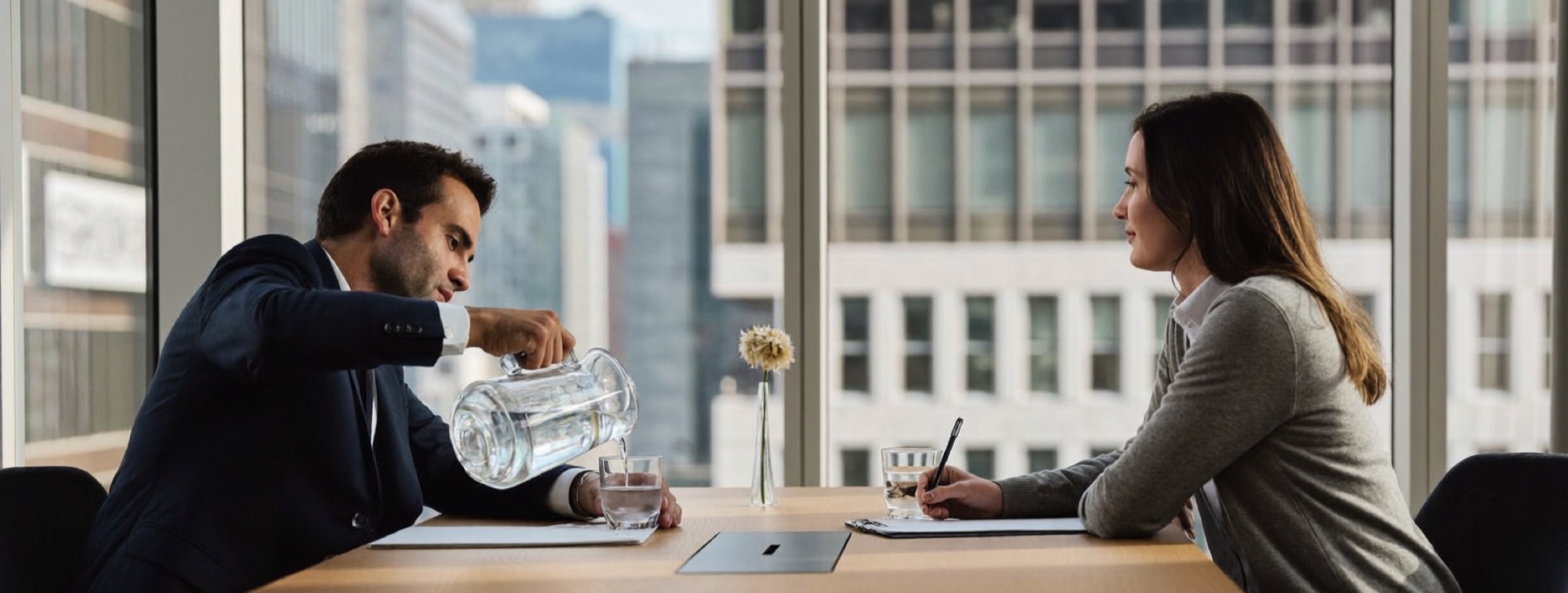 A financial adviser pours himself a glass of water while a client listens