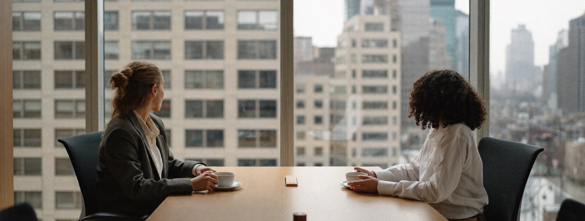 A founder and her first employee at one desk on his first morning, looking out at the city