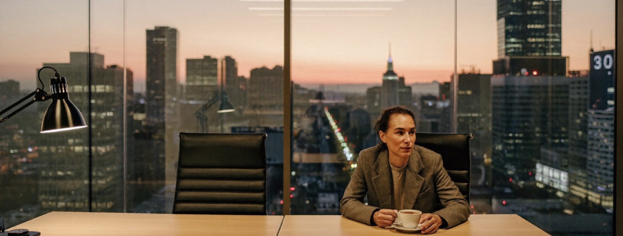 A founder at her desk at dusk, looking at the empty desk beside hers