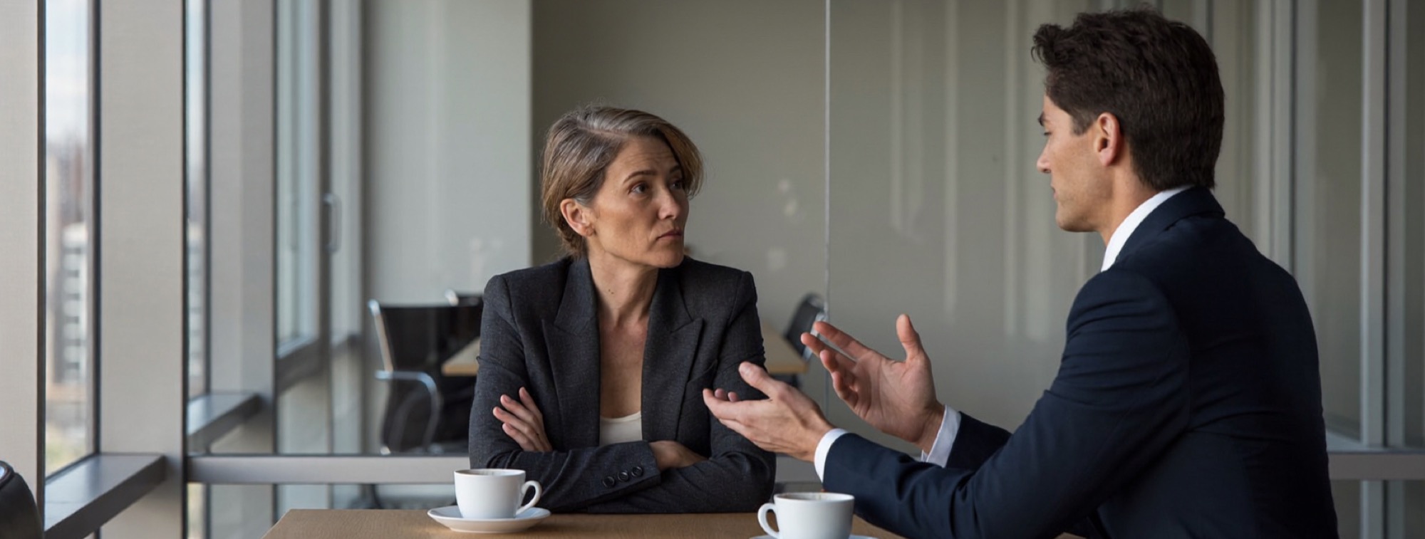 How much money is enough: a client listens as a financial adviser explains across a meeting table