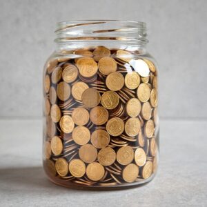 a large glass jar filled to the brim with gold coins on pale grey stone