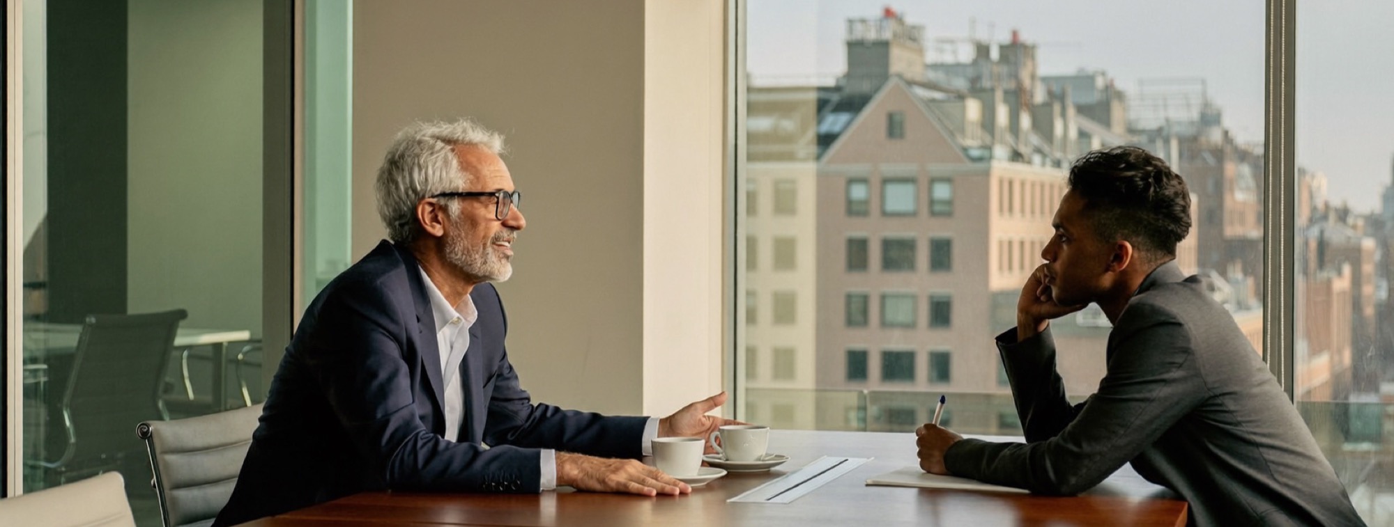 A senior executive and a younger manager in a glass-walled meeting room, mid-conversation