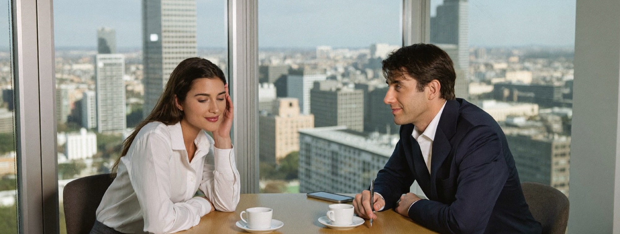 A woman says no to a colleague across a meeting table, explaining as she does