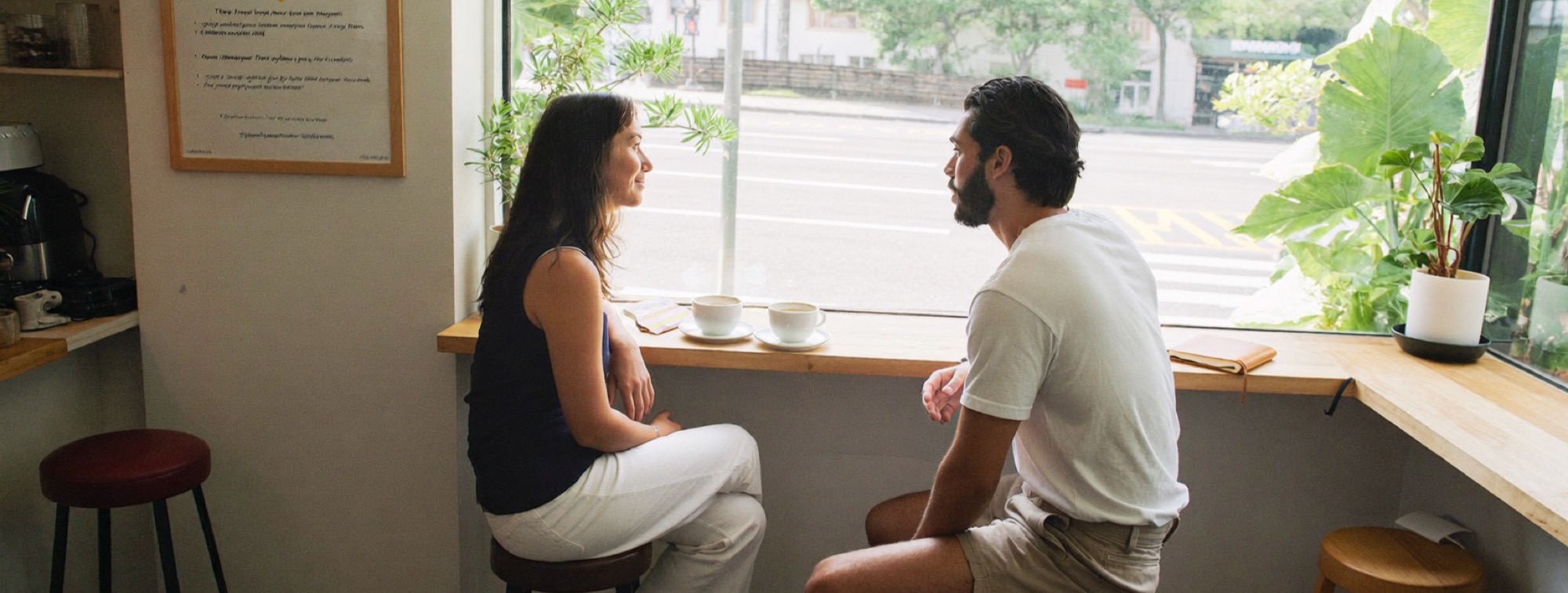 Two founders rethinking the plan over coffee at a sunny café counter