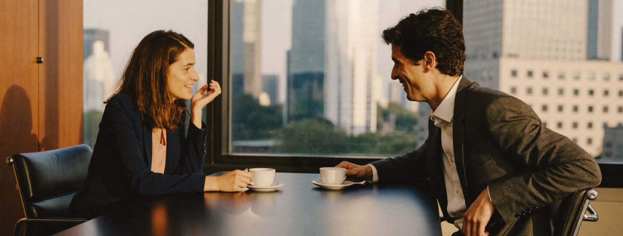 A small-business owner and a prospective buyer relaxed at the corner of a boardroom table