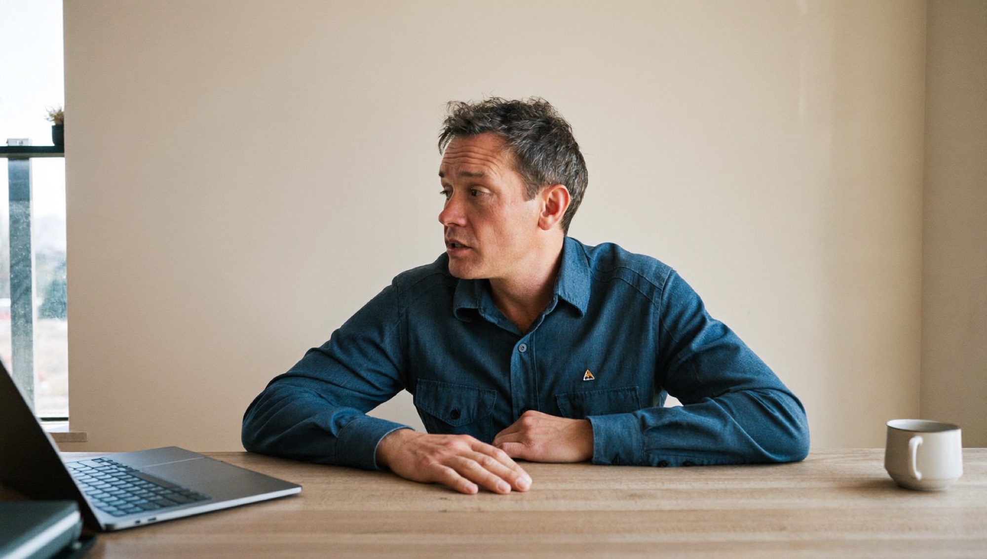 A man murmuring a sentence to himself at his desk, checking how it sounds before he sends it