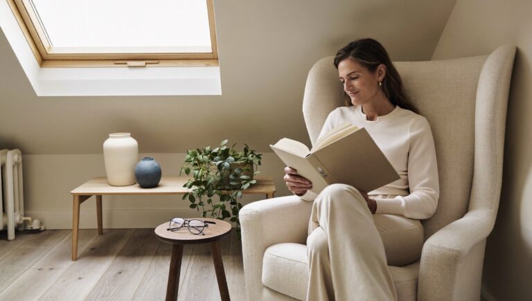 Best books for decision making: a woman reading in a bright attic armchair