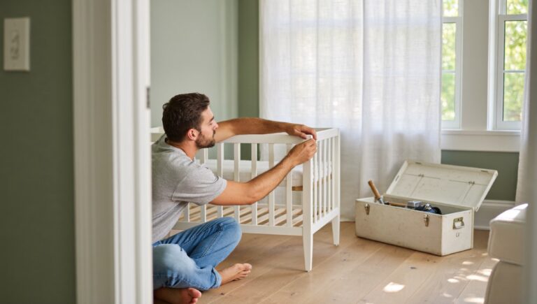Is life insurance worth it: a new father building a cot in a sunlit nursery