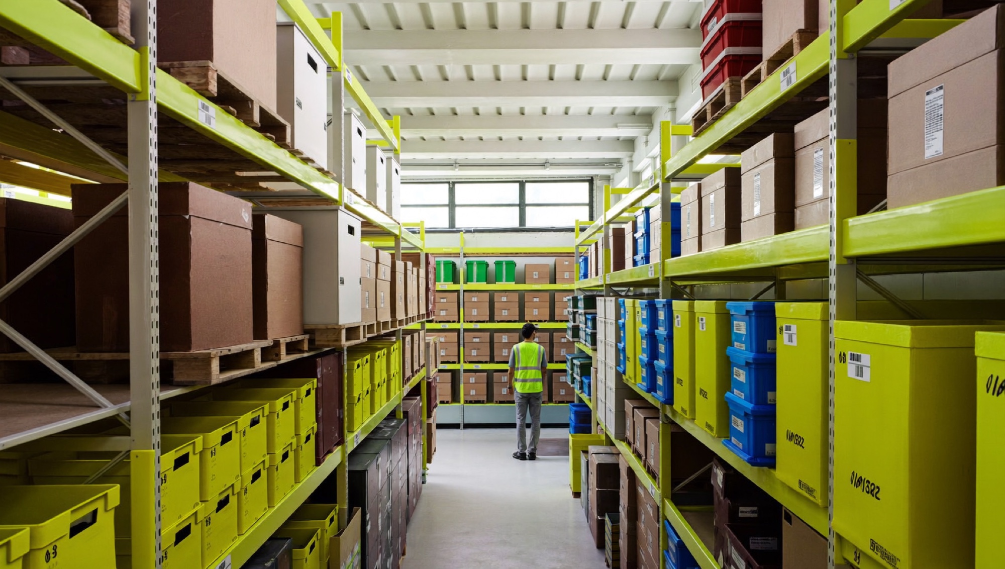 A worker checking stock in a warehouse aisle, one of the standard operating procedure examples that gets followed