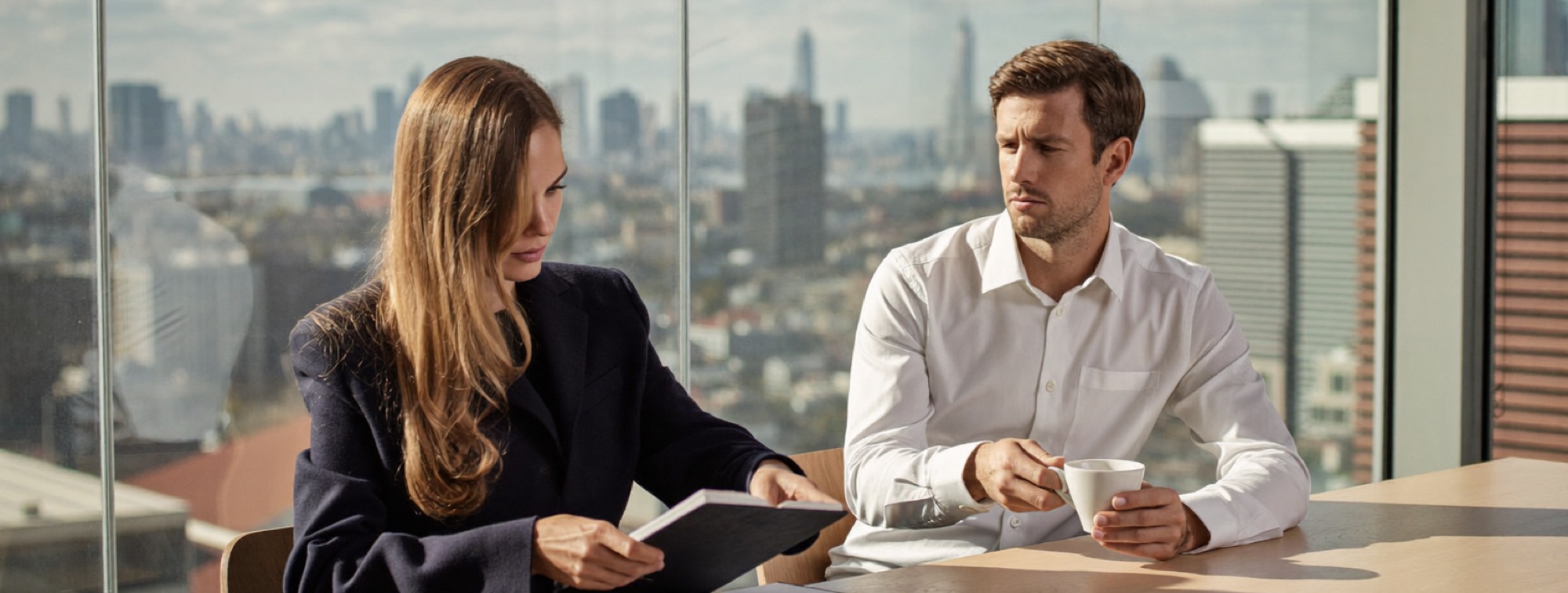 Two colleagues at a meeting table, one closing a notebook and setting it aside