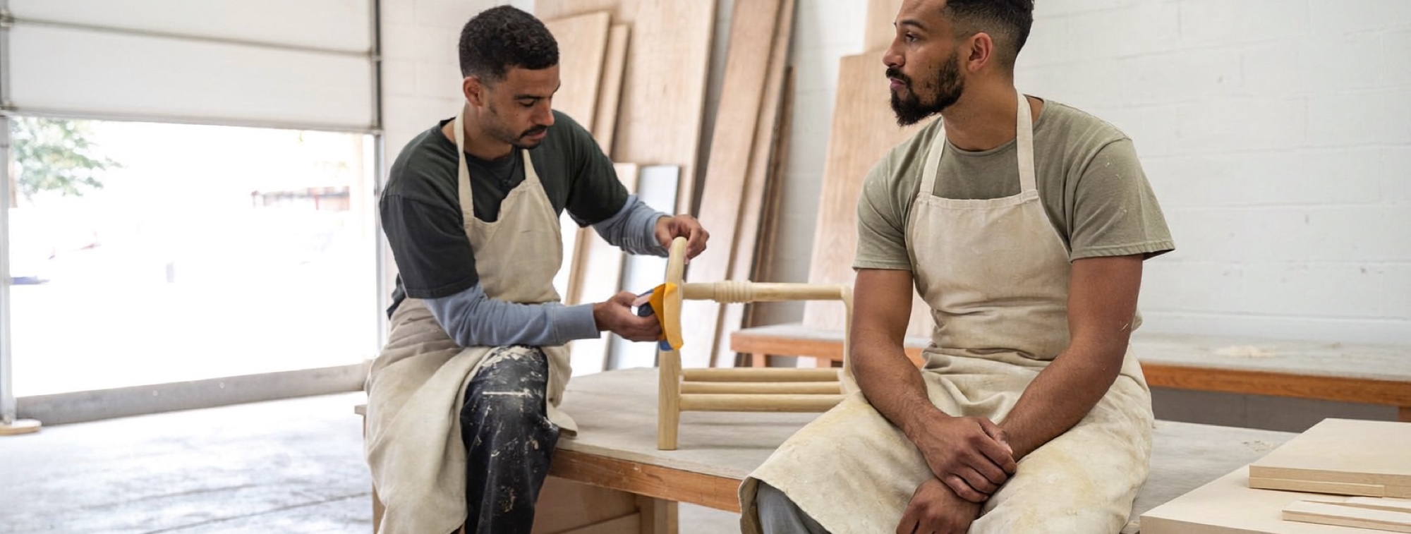 Two co-owners of a furniture workshop, the kind of partnership a buy-sell agreement protects