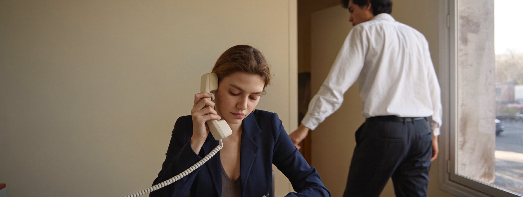 a colleague handling a call alone while another walks away from the desk