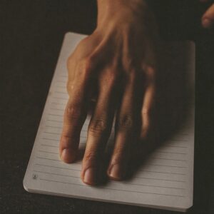 A still hand on a closed notebook, choosing structure over reaction
