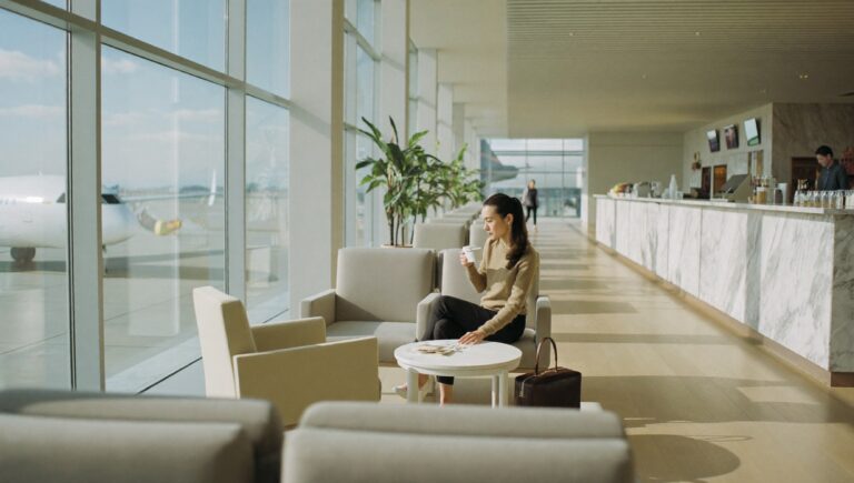 Is Amex Platinum worth it: a traveller with a cappuccino in a bright airport lounge