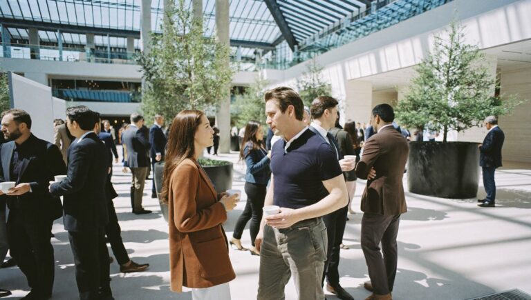 Is LinkedIn Premium worth it: two professionals meeting during a coffee break at a busy conference