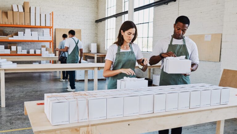 Standard operating procedure examples: an e-commerce team packing identical orders in a bright warehouse