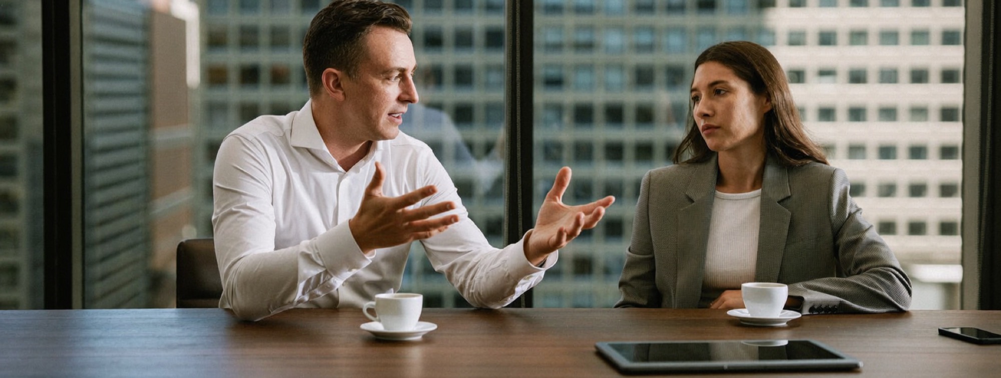 How to get ChatGPT to stop agreeing with you: two colleagues at a table, one talking with open hands, the other listening
