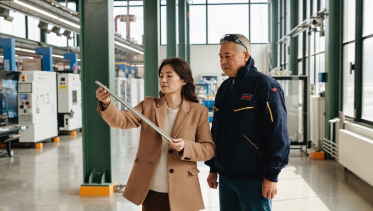 A chief executive checking a machined part on the factory floor before deciding whether it ships, decision making in business