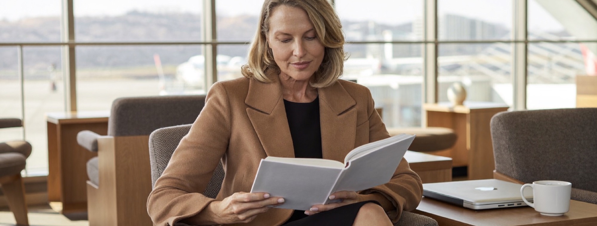 An executive reading in an airport lounge with her laptop closed