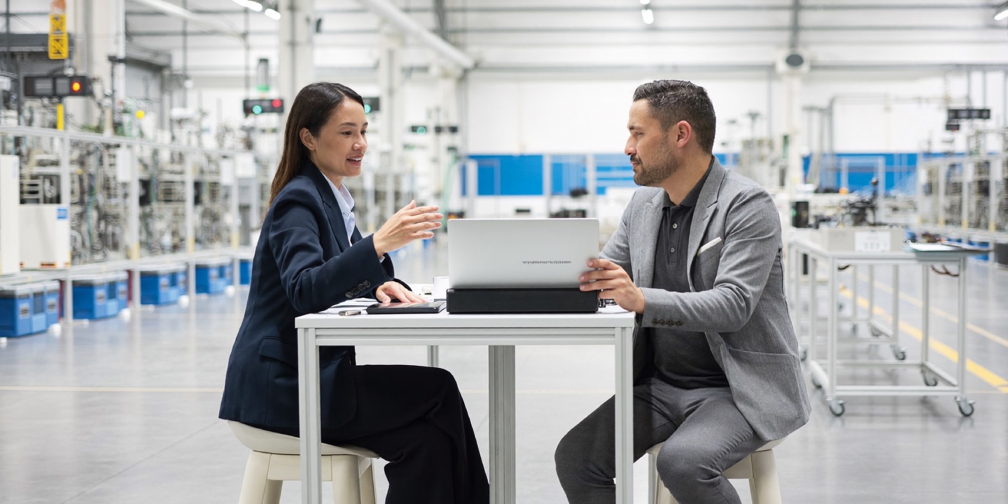 An operations director and her plant manager planning the week on the factory floor