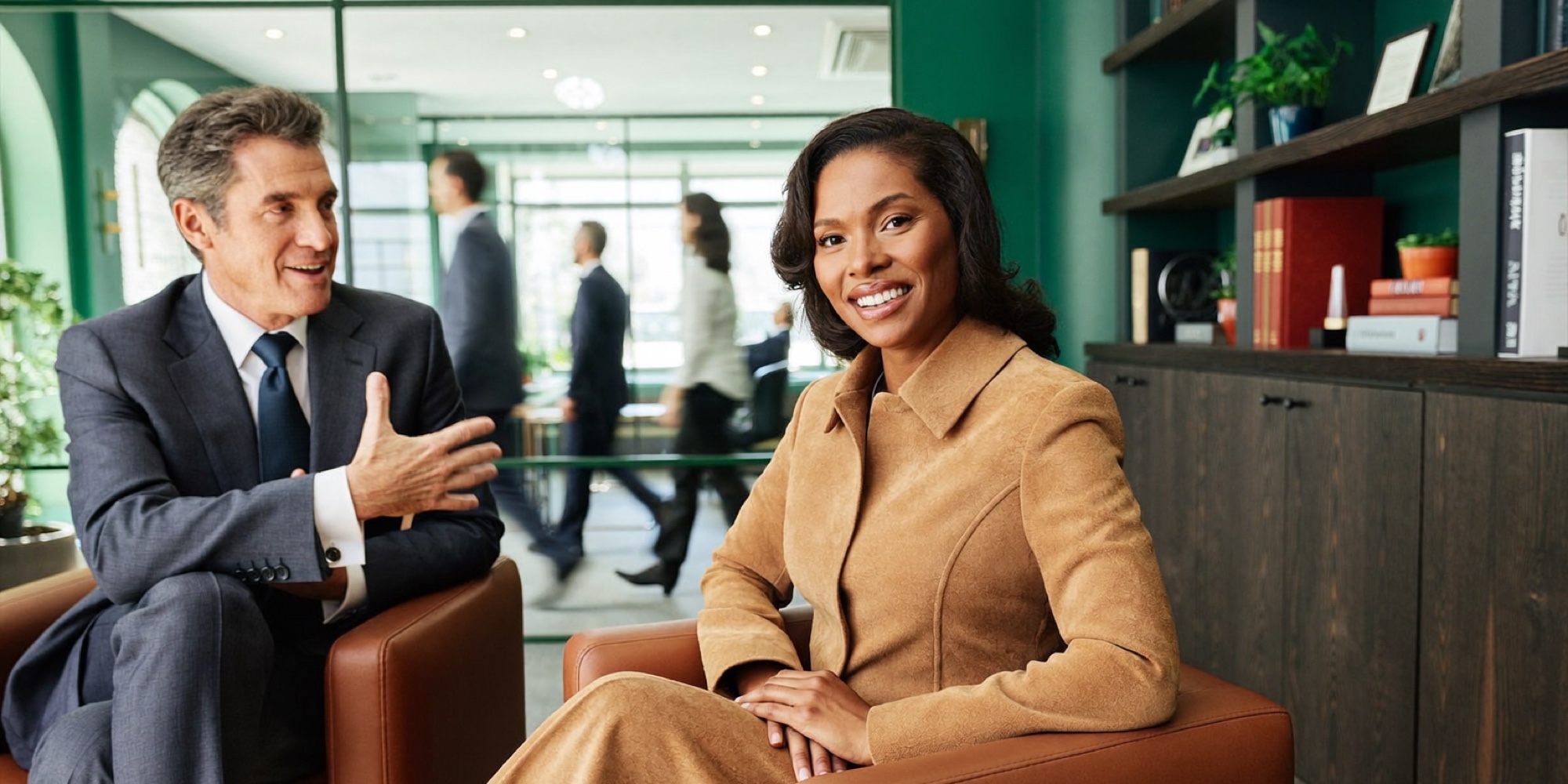 A woman in her forties talking through her balance sheet with an adviser in a green-walled office