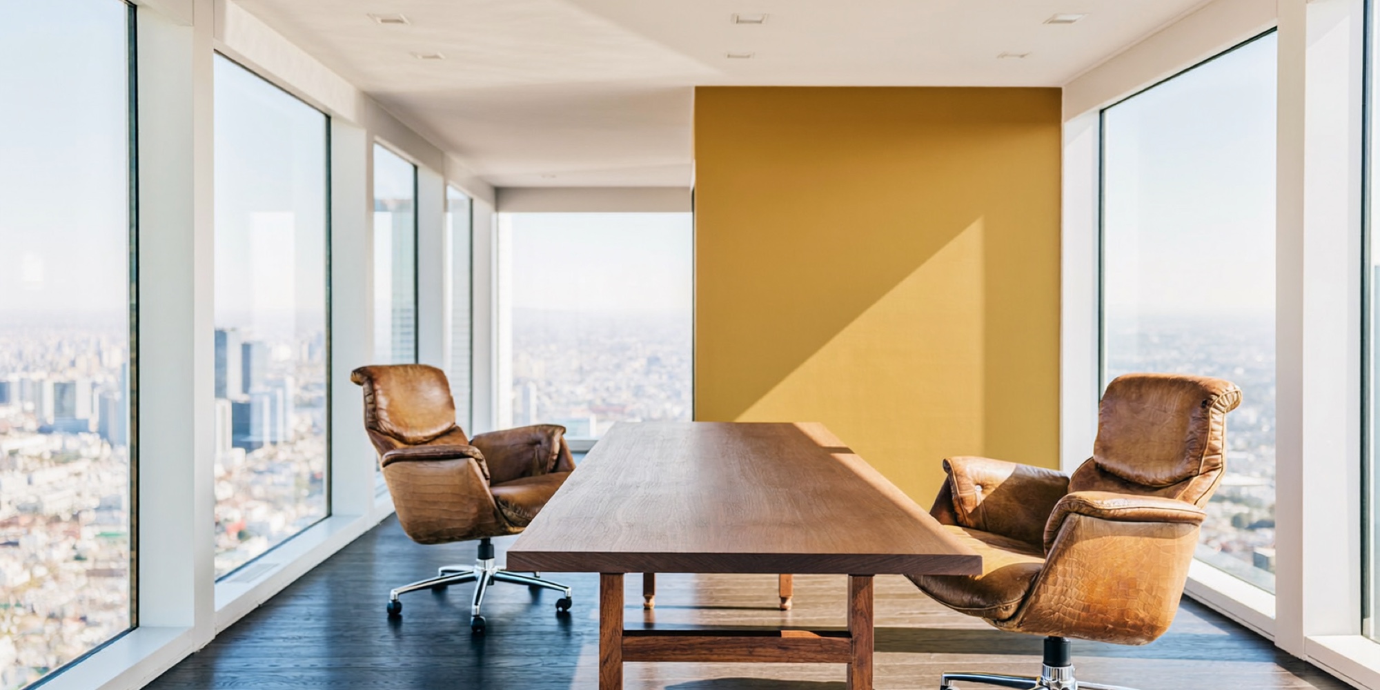 The empty office where an offer gets negotiated, two chairs and a low table on a high floor