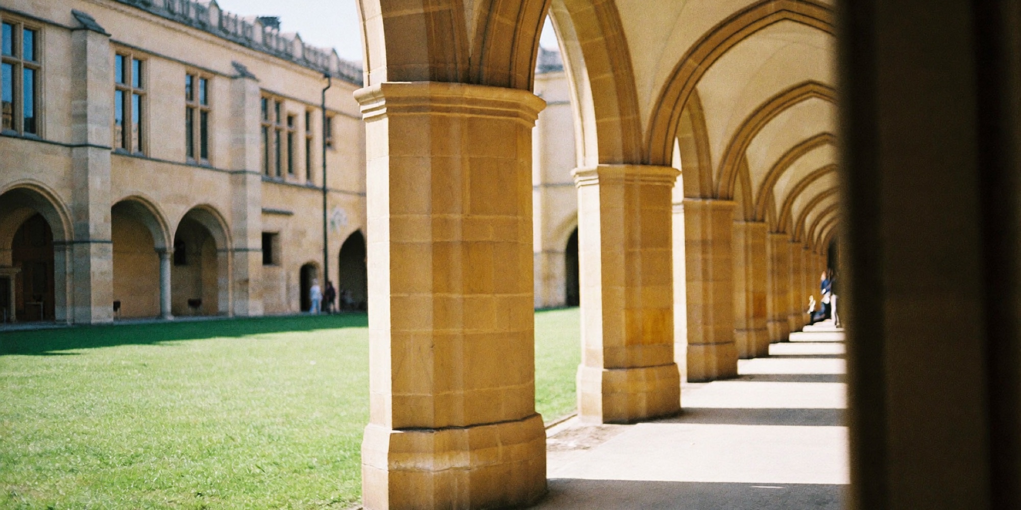 A university cloister in morning light, the slow version of learning that an executive on a six-week deadline cannot afford