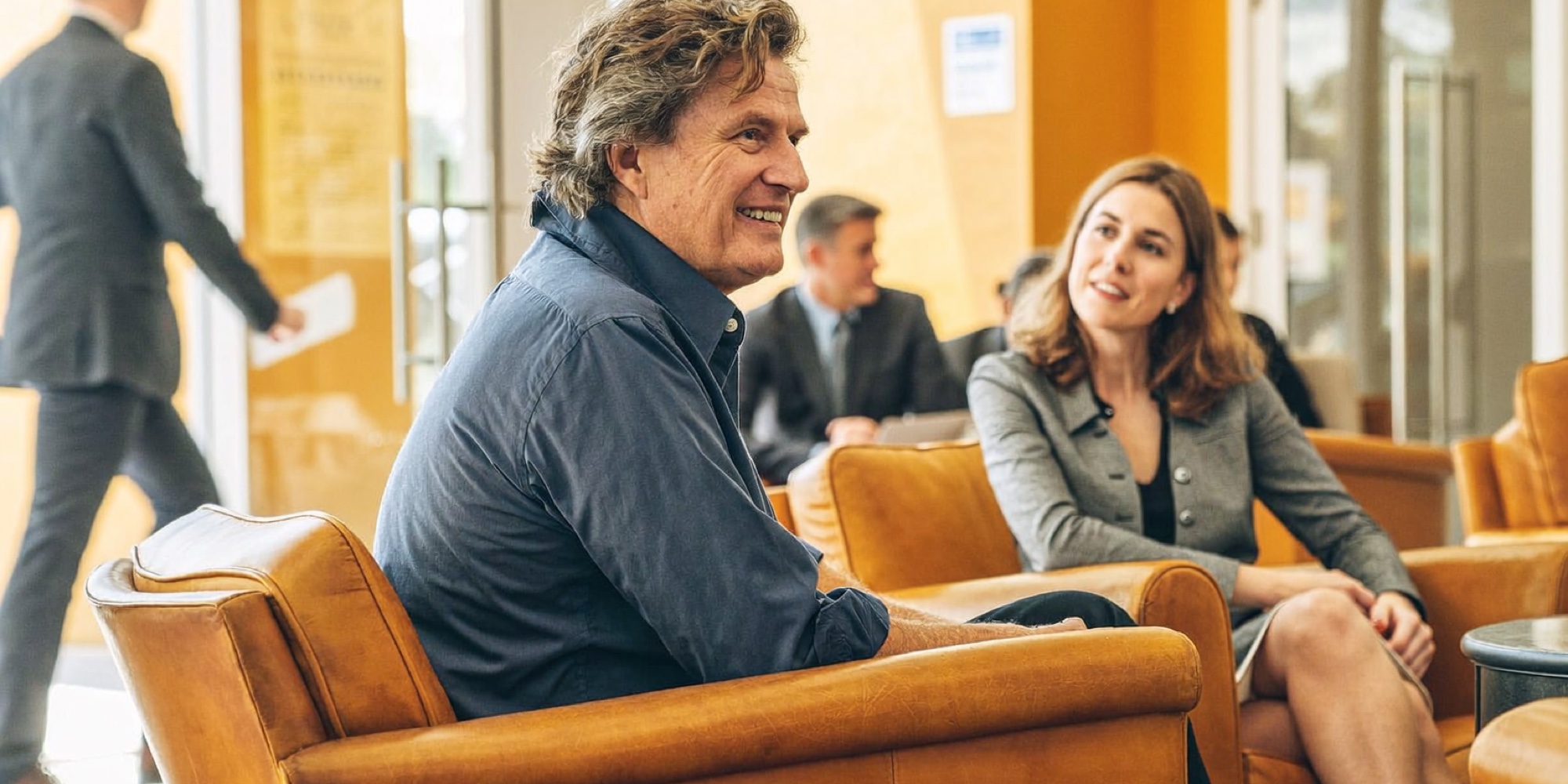 A one-to-one follow-up in a hotel lounge, the kind of conversation that builds the short list