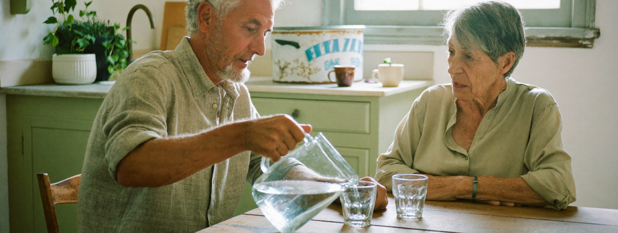 A retired couple at the kitchen table talking through who they pay and why