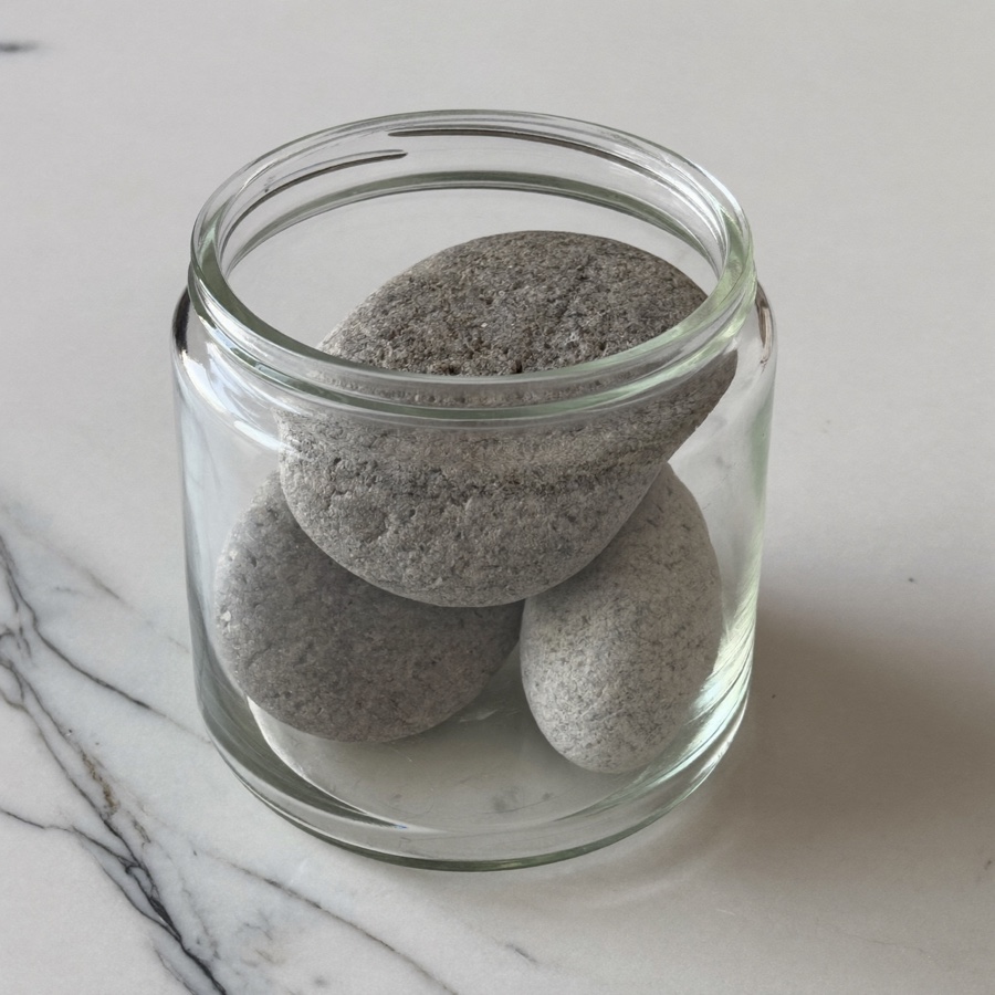 A glass jar holding three large grey stones, the big rocks at the centre of a one-page productivity plan