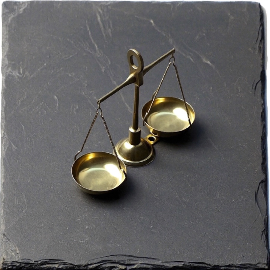 A small brass balance scale on slate, for an article on how to build a decision making matrix