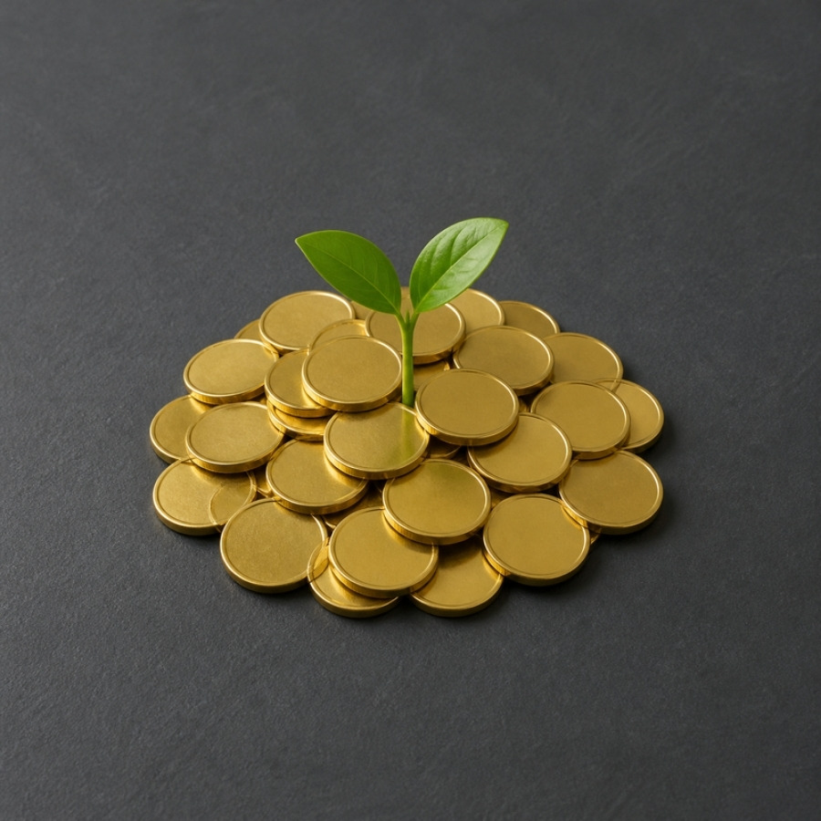A seedling growing out of a pile of gold coins, wealth that compounds